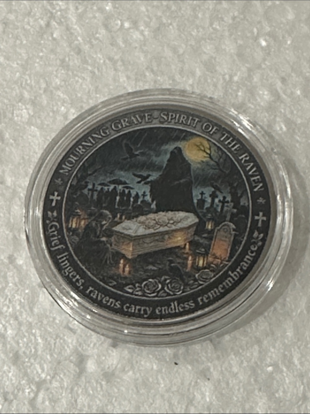 Gothic Raven Mourning Grave Decorative Coin - Black and Gray